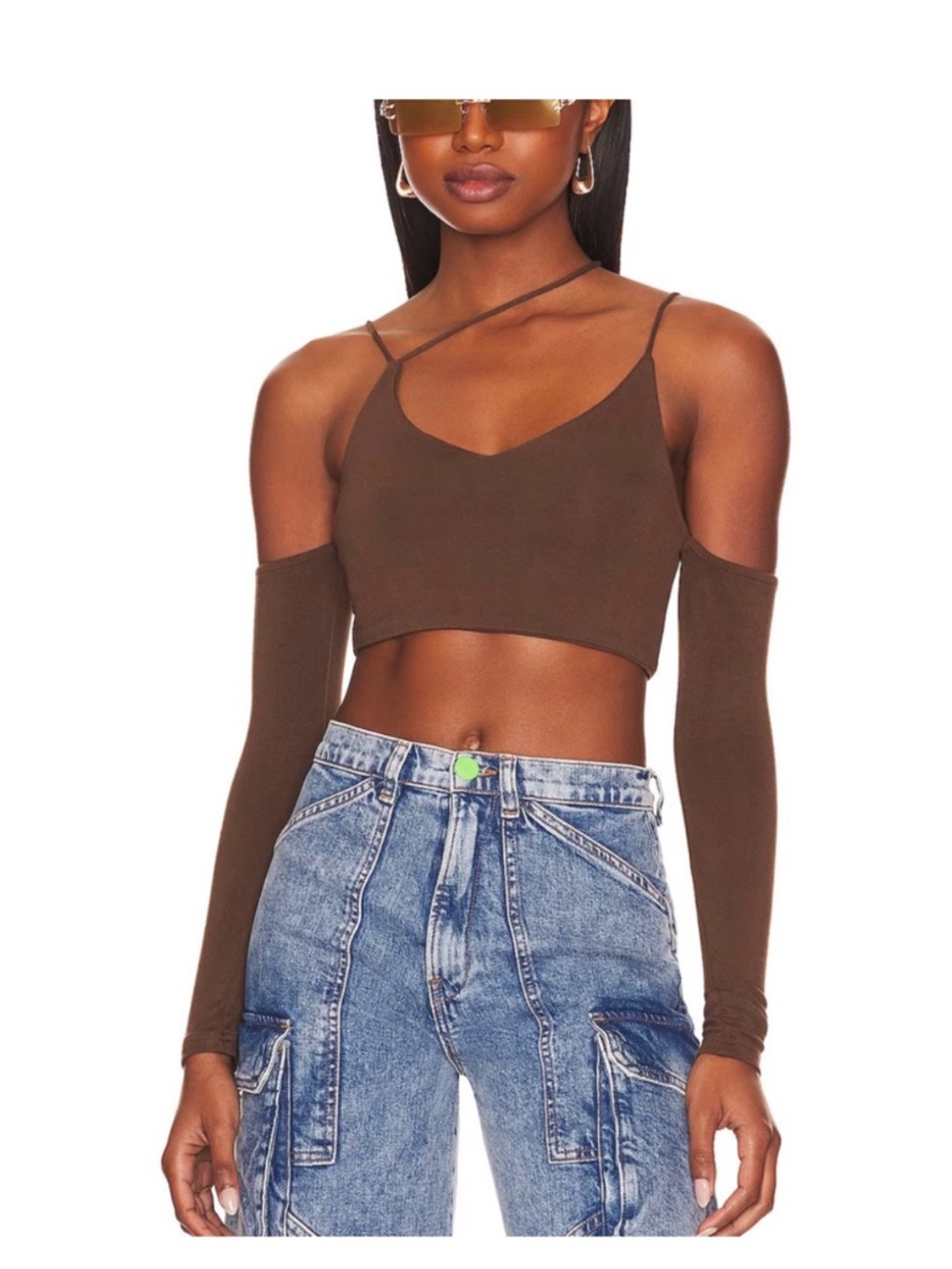 Revolve Superdown Brown Asymmetric Strap Crop Top with Long Sleeves